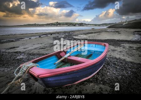 Storm clouds gather over the boats moored on the River Torridge estuary at Appledore in North Devon. Stock Photo