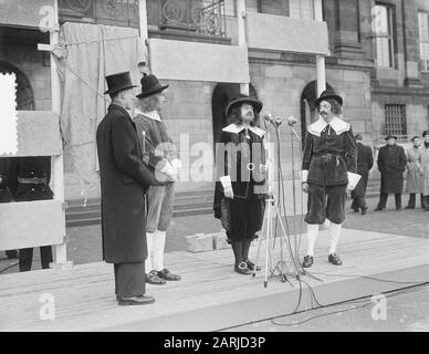First stone laying for new city hall by Delft students on the Dam Square in Amsterdam Date: March 7, 1954 Location: Amsterdam, Noord-Holland Keywords: STADHOUSE, STUDENTS, stone laying Stock Photo