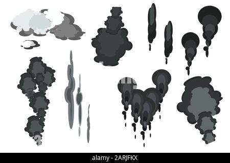 Set of smoke clouds isolated on white background. Collection cartoon smoke dust icon. Grey steam cumulus carbon gas cloud. Pollution. Stock vector. Stock Vector