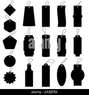 Black Paper Price Tags. Gift Label Set in Different Shapes. Design of Various Stickers with Rope. Empty Sale Icons. Stock Vector