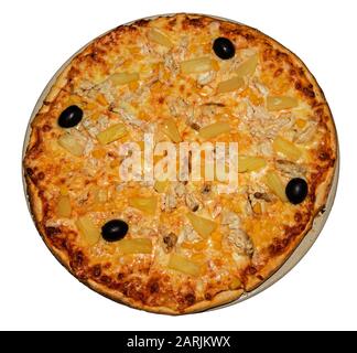 Chicken, sweetcorn, pineapple and olive pizza, Algarve, Portugal Stock Photo