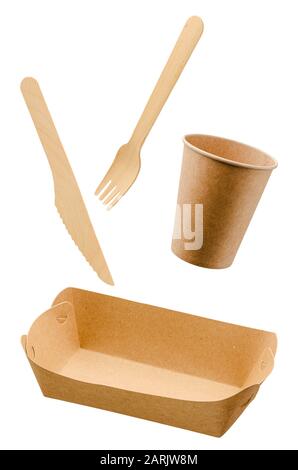 Zero waste, eco friendly, disposable paper tableware isolated on white. Stock Photo