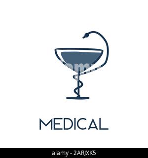 Snake and bowl medical minimalist hand drawn medic flat icon illustration Stock Vector