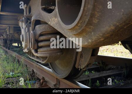 Wheels, brakes, rails. Fragment of a freight train chassis. Stock Photo