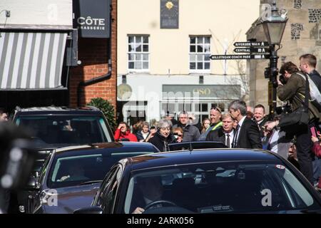 British Prime Minister, Theresa May, visiting Salisbury after the first Salisbury Russian Spy Poisoning Novichok incident in March 2018.  Welcomed by Wiltshire Police Chief Constable, Kier Pritchard and Salisbury MP, John Glen they visited The Mill pub, The Maltings Shopping Centre, and Zizzi restaurant. Stock Photo