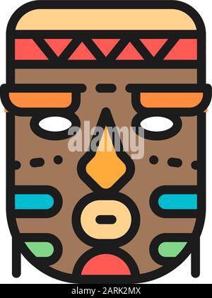 Vector african ethnic tribal mask flat color line icon. Stock Vector