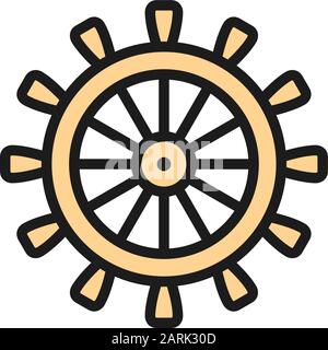 Ship steering wheel, rudder, helm flat color line icon. Stock Vector