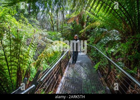 Woman hiking on the Triplet Waterfall trail in Victoria / Australia Stock Photo