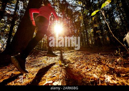 A woman trail running up a hill. Stock Photo