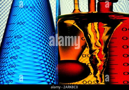 Still life of multicolored beakers and solutions in a chemistry research lab Stock Photo