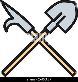 Fire gaff with shovel, firefighter equipment flat color line icon. Stock Vector