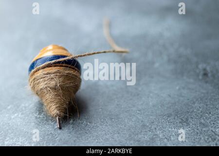 Classic wooden spinning top toy with string Stock Photo