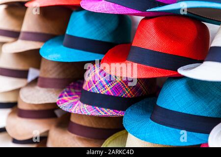 Traditional Colombian colorful straw hats from street vendors in
