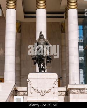 Equestrian statue of Genghis Khan general, Government Palace, Sükhbaatar Square, Ulaanbaatar, Mongolia Stock Photo