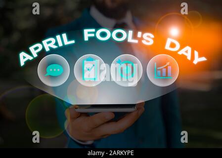 Word writing text April Fool S Day. Business photo showcasing Practical jokes humor pranks Celebration funny foolish Stock Photo