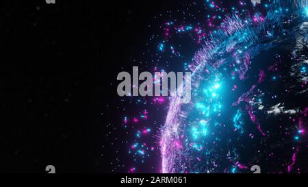 Abstract futuristic planet Earth surrounded by virtual elements. Dots, numbers and lines. Element of this image furnished by NASA. 3D rendering. Techn Stock Photo