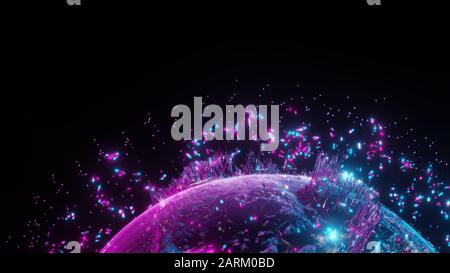Abstract futuristic planet Earth surrounded by virtual elements. Dots, numbers and lines. Element of this image furnished by NASA. 3D rendering. Techn Stock Photo
