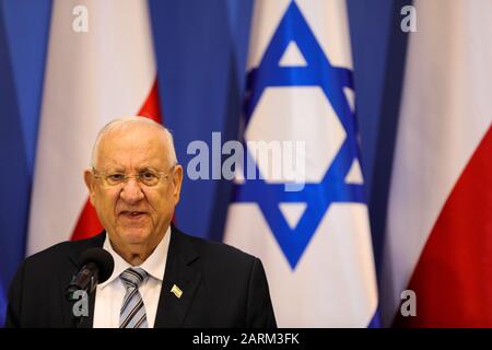 Oswiecim, Poland. 27th Jan, 2020. President of Israel Rueven Rivlin speaks during a press conference. 75th anniversary of the liberation of former Nazi German concentration camp Auschwitz-Birkenau. KL Auschwitz-Birkenau was liberated on 27 January 1945. Credit: SOPA Images Limited/Alamy Live News Stock Photo