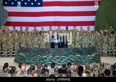 President of the United States Donald J. Trump and Army Gen. Mark A. Milley, chairman of the Joint Chiefs of Staff, meet with service members at Bagram Airfield in Afghanistan, Nov. 28, 2019. (DOD photo by U.S. Navy Petty Officer 1st Class Dominique A. Pineiro) Stock Photo