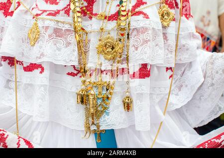 Details of the typical Panamanian dress known as pollera. The pattern is all handmade using different embroidery techniques Stock Photo