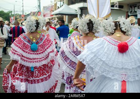 Scene at the very popular Mil Polleras Festival celebrated on January in Las Tablas in Panama Stock Photo
