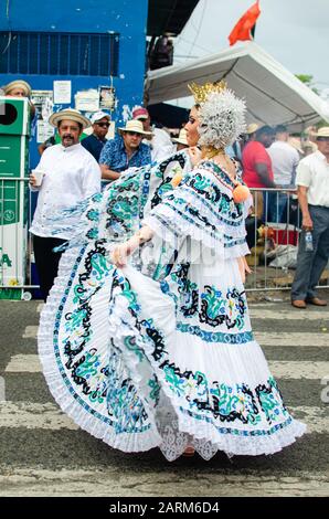 Scene at the very popular Mil Polleras Festival celebrated on January in Las Tablas in Panama Stock Photo