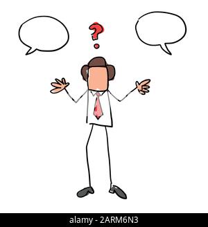 Quick hand drawn faceless businessman character around two men arguing and confused. Black outlines and colored. Stock Vector