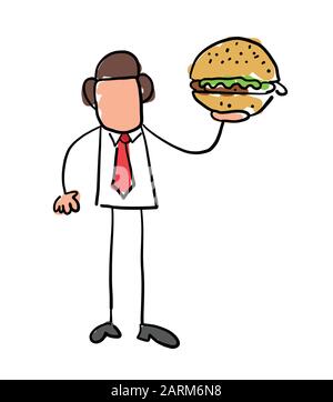 Quick hand drawn faceless businessman character holding hamburger fast food. Black outlines and colored. Stock Vector