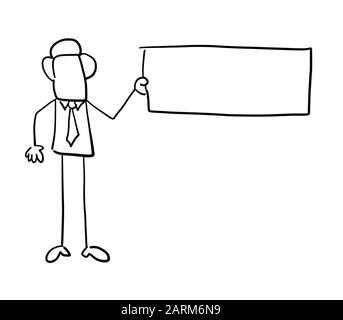 Quick hand drawn faceless businessman character holding blank placard. Black outlines and white. Stock Vector