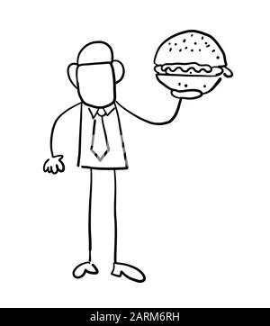 Quick hand drawn faceless businessman character holding hamburger fast food. Black outlines and white. Stock Vector