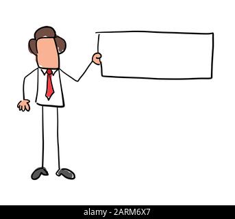 Quick hand drawn faceless businessman character holding blank placard. Black outlines and colored. Stock Vector