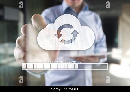 Cloud synchronization, Data storage, internet and computing concept on virtual screen Stock Photo