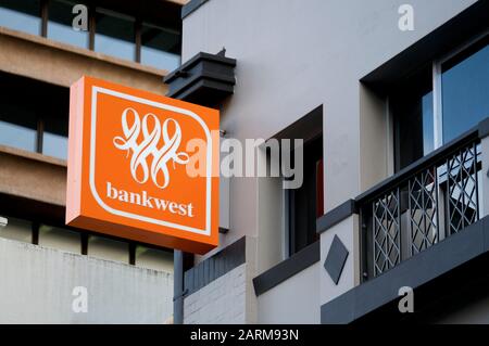 Brisbane, Queensland, Australia - 21st January 2020 : View of the Bankwest sign hanging in front of the bank entrance on Queenstreet mall in Brisbane Stock Photo