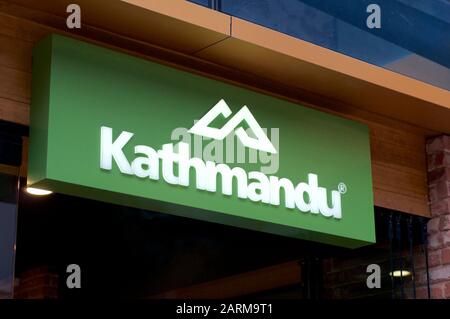 Brisbane, Queensland, Australia - 21st January 2020 : Kathmandu retail store sign hanging in front of the shop entrance in Brisbane, Australia Stock Photo