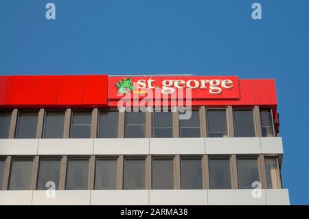 Brisbane, Queensland, Australia - 21st January 2020 : View of the St. George Bank sign hanging on the roof of the Bank building in Queenstreet Mall in Stock Photo