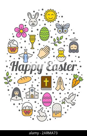 Happy Easter Icons Within Egg Shape, Easter vector poster Illustration, easter holiday poster vector set, greeting card, vector template. Stock Vector