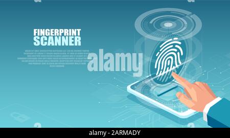 Vector of a businessman using interface with fingerprint scan to access his mobile device Stock Vector