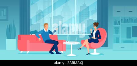 Vector of a businessman sitting on a sofa having a discussion business meeting with a businesswoman or secretary in his office Stock Vector