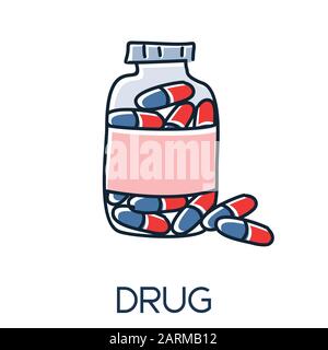 drug capsule minimalist out line hand drawn medic flat icon illustration Stock Vector