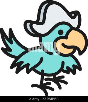 Pirate parrot, Ara bird flat color line icon. Stock Vector