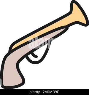 Flintlock pistol, musket rifle, pirate gun, antique weapon flat color line icon. Stock Vector