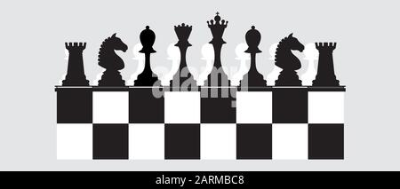 Chess pieces in black silhouette with pawns in white on a black and white board on gray background. Vector image Stock Vector