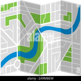 Generic imaginary city street folded map plan with river. Vector colorful town flat eps illustration isolated schema Stock Vector