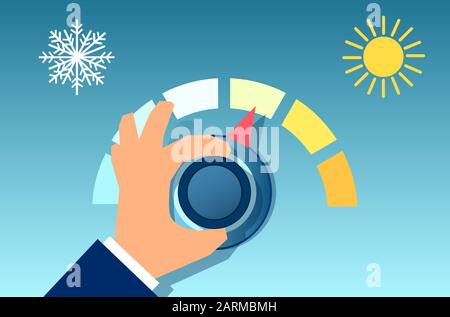 Vector of a hand rotating the thermostat. Illustration of an climate control regulator. Stock Vector
