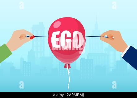 Vector of male and female hands with needles to burst a balloon with word ego. Stock Vector