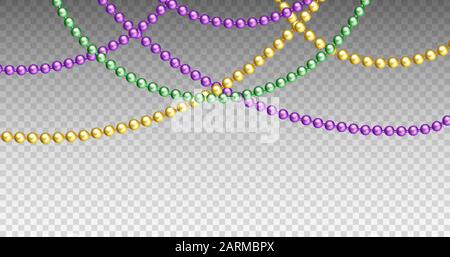Vector illustration of Mardi Gras beads in traditional colors. Decorative glossy realistic elements for design Mardi Gras. Beads Isolated on Stock Vector