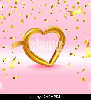 Realistic Gold metallic Heart with falling golden confetti. Vector Valentines heart on pink background. Vector illustration EPS 10 Stock Vector
