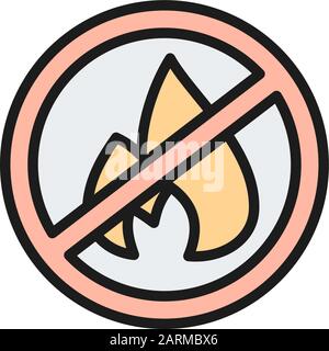 Forbidden sign with fire, firefighting, no bonfire flat color line icon. Stock Vector