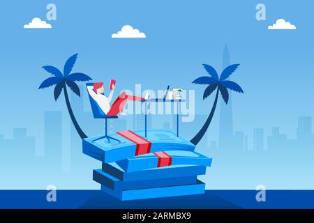 Vector of a wealthy man relaxing on a pile of money having a dream job from home Stock Vector