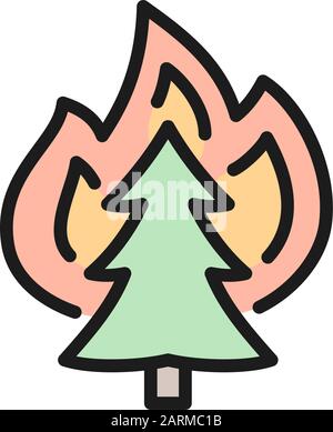 Vector fire on tree, wildfire flat color line icon. Stock Vector